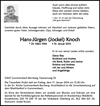 Anzeige von Hans-Jürgen Knoch von Kölner Stadt-Anzeiger / Kölnische Rundschau / Express