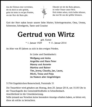 Anzeige von Gertrud von Wirtz von Kölner Stadt-Anzeiger / Kölnische Rundschau / Express