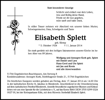 Anzeige von Elisabeth Splett von Kölner Stadt-Anzeiger / Kölnische Rundschau / Express