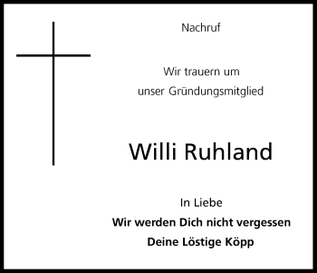 Anzeige von Willi Ruhland von Kölner Stadt-Anzeiger / Kölnische Rundschau / Express