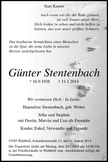 Anzeige von Günter Stentenbach von Kölner Stadt-Anzeiger / Kölnische Rundschau / Express