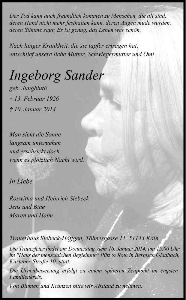  Traueranzeige für Ingeborg Sander vom 14.01.2014 aus Kölner Stadt-Anzeiger / Kölnische Rundschau / Express