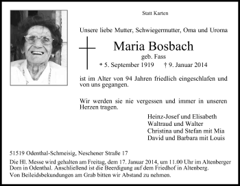 Anzeige von Maria Bosbach von Kölner Stadt-Anzeiger / Kölnische Rundschau / Express