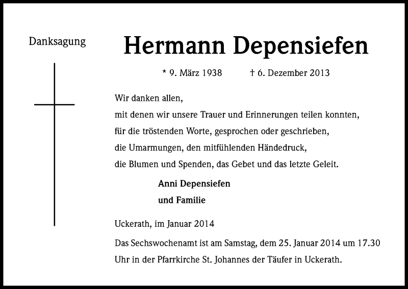  Traueranzeige für Hermann Depensiefen vom 18.01.2014 aus Kölner Stadt-Anzeiger / Kölnische Rundschau / Express
