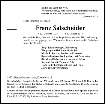 Anzeige von Franz Salscheider von Kölner Stadt-Anzeiger / Kölnische Rundschau / Express