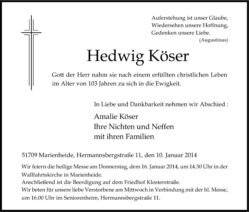  Traueranzeige für Hedwig Köser vom 14.01.2014 aus Kölner Stadt-Anzeiger / Kölnische Rundschau / Express