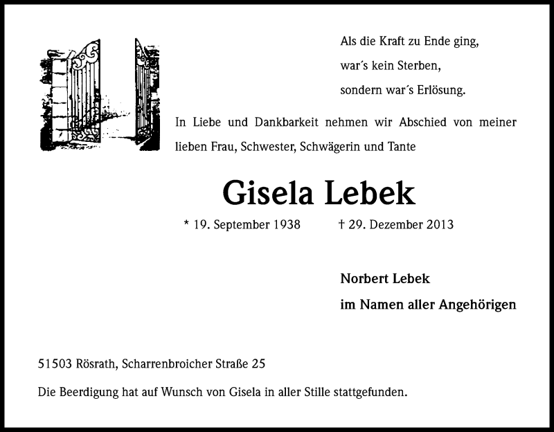  Traueranzeige für Gisela Lebek vom 18.01.2014 aus Kölner Stadt-Anzeiger / Kölnische Rundschau / Express