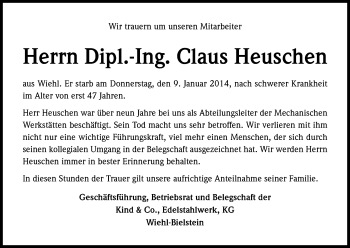 Anzeige von Claus Heuschen von Kölner Stadt-Anzeiger / Kölnische Rundschau / Express