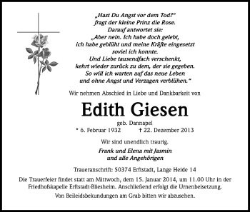 Anzeige von Edith Giesen von Kölner Stadt-Anzeiger / Kölnische Rundschau / Express