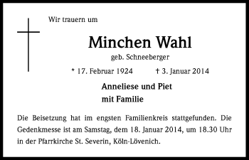 Anzeige von Minchen Wahl von Kölner Stadt-Anzeiger / Kölnische Rundschau / Express