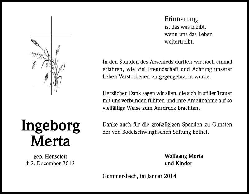  Traueranzeige für Ingeborg Merta vom 18.01.2014 aus Kölner Stadt-Anzeiger / Kölnische Rundschau / Express