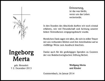 Anzeige von Ingeborg Merta von Kölner Stadt-Anzeiger / Kölnische Rundschau / Express