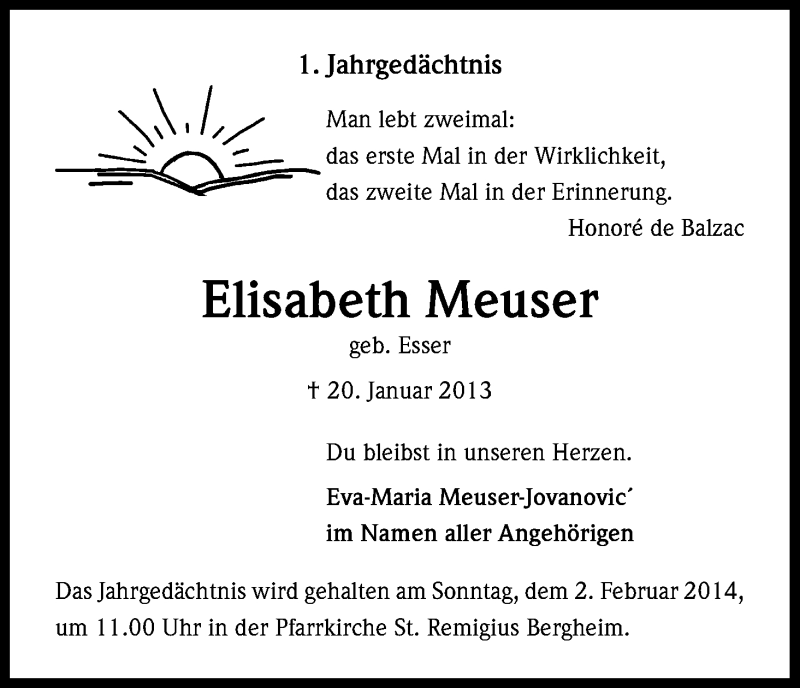  Traueranzeige für Elisabeth Meuser vom 31.01.2014 aus Kölner Stadt-Anzeiger / Kölnische Rundschau / Express