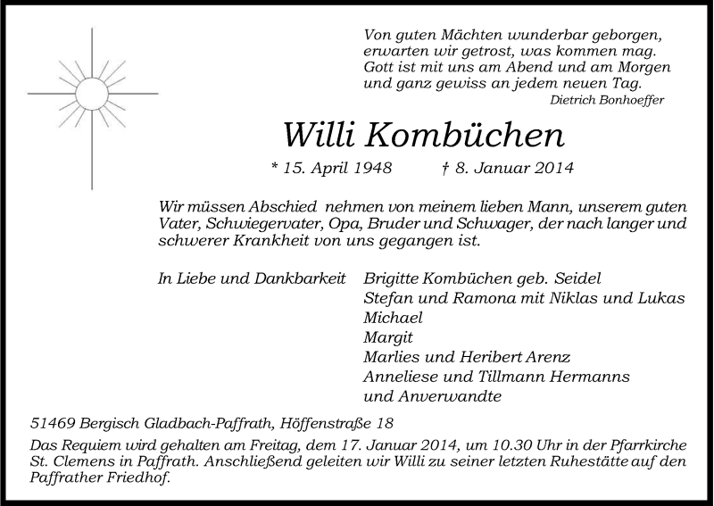  Traueranzeige für Willi Kombüchen vom 14.01.2014 aus Kölner Stadt-Anzeiger / Kölnische Rundschau / Express