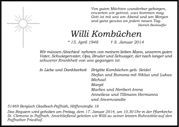 Anzeige von Willi Kombüchen von Kölner Stadt-Anzeiger / Kölnische Rundschau / Express