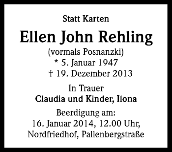Anzeige von Ellen John Rehling von Kölner Stadt-Anzeiger / Kölnische Rundschau / Express