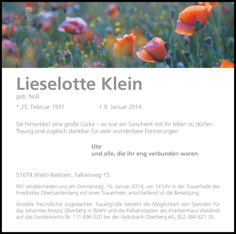  Traueranzeige für Lieselotte Klein vom 15.01.2014 aus Kölner Stadt-Anzeiger / Kölnische Rundschau / Express