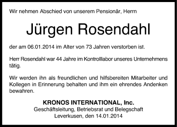 Anzeige von Jürgen Rosendahl von Kölner Stadt-Anzeiger / Kölnische Rundschau / Express