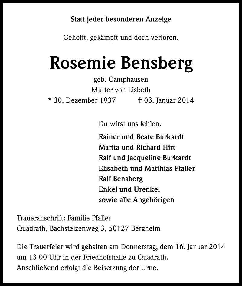  Traueranzeige für Rosemie Bensberg vom 14.01.2014 aus Kölner Stadt-Anzeiger / Kölnische Rundschau / Express