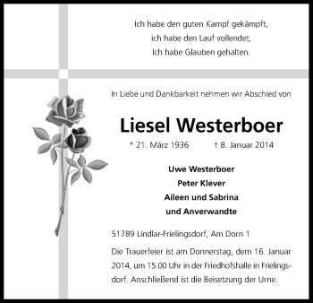 Anzeige von Liesel Westerboer von Kölner Stadt-Anzeiger / Kölnische Rundschau / Express