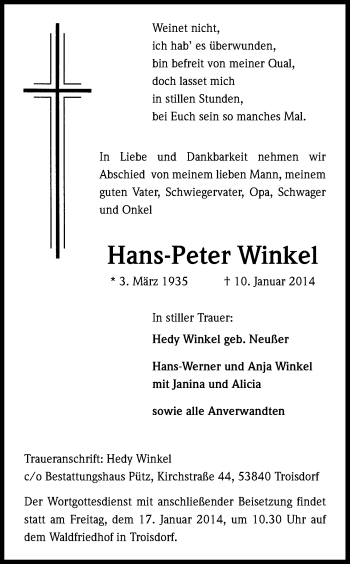 Anzeige von Hans-Peter Winkel von Kölner Stadt-Anzeiger / Kölnische Rundschau / Express