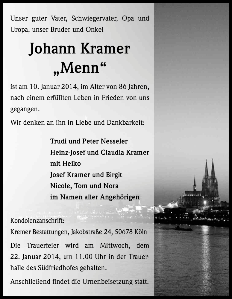  Traueranzeige für Johann Kramer vom 18.01.2014 aus Kölner Stadt-Anzeiger / Kölnische Rundschau / Express
