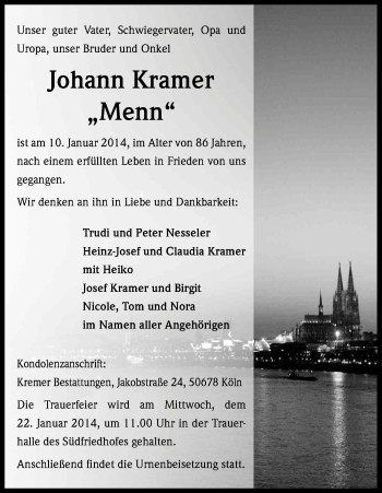 Anzeige von Johann Kramer von Kölner Stadt-Anzeiger / Kölnische Rundschau / Express