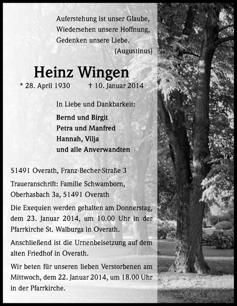  Traueranzeige für Heinz Wingen vom 18.01.2014 aus Kölner Stadt-Anzeiger / Kölnische Rundschau / Express