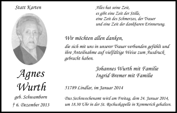 Anzeige von Agnes Wurth von Kölner Stadt-Anzeiger / Kölnische Rundschau / Express
