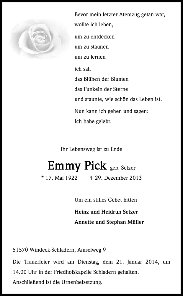 Traueranzeige für Emmy Pick vom 17.01.2014 aus Kölner Stadt-Anzeiger / Kölnische Rundschau / Express