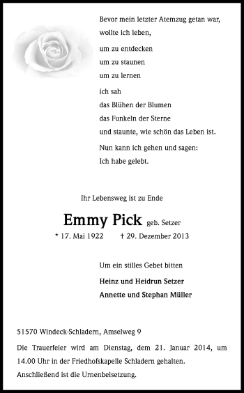 Anzeige von Emmy Pick von Kölner Stadt-Anzeiger / Kölnische Rundschau / Express
