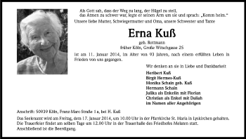 Anzeige von Erna Kuss von Kölner Stadt-Anzeiger / Kölnische Rundschau / Express