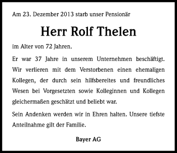 Anzeige von Rolf Thelen von Kölner Stadt-Anzeiger / Kölnische Rundschau / Express