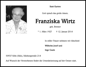 Anzeige von Franziska Wirtz von Kölner Stadt-Anzeiger / Kölnische Rundschau / Express