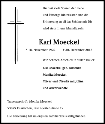 Anzeige von Karl Moeckel von Kölner Stadt-Anzeiger / Kölnische Rundschau / Express