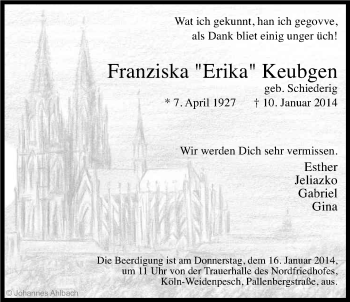 Anzeige von Franziska Keubgen von Kölner Stadt-Anzeiger / Kölnische Rundschau / Express