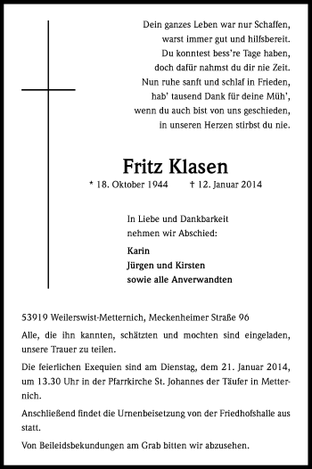 Anzeige von Fritz Klasen von Kölner Stadt-Anzeiger / Kölnische Rundschau / Express