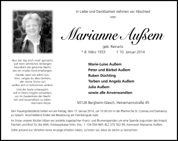 Anzeige von Marianne Außem von Kölner Stadt-Anzeiger / Kölnische Rundschau / Express