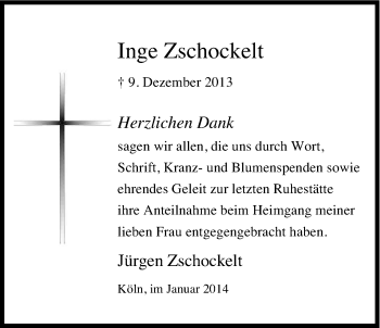 Anzeige von Inge Zschockelt von Kölner Stadt-Anzeiger / Kölnische Rundschau / Express