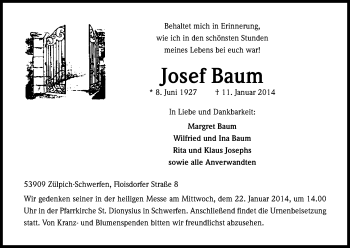 Anzeige von Josef Baum von Kölner Stadt-Anzeiger / Kölnische Rundschau / Express