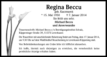 Anzeige von Regina Beccu von Kölner Stadt-Anzeiger / Kölnische Rundschau / Express