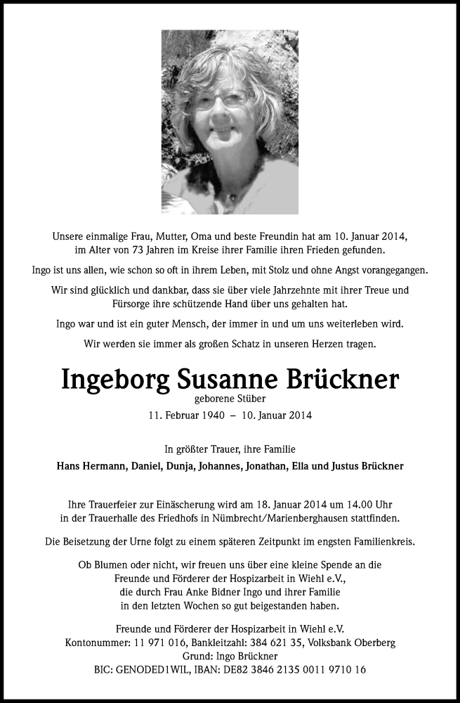  Traueranzeige für Ingeborg Susanne Brückner vom 15.01.2014 aus Kölner Stadt-Anzeiger / Kölnische Rundschau / Express
