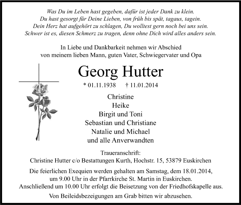  Traueranzeige für Georg Hutter vom 15.01.2014 aus Kölner Stadt-Anzeiger / Kölnische Rundschau / Express