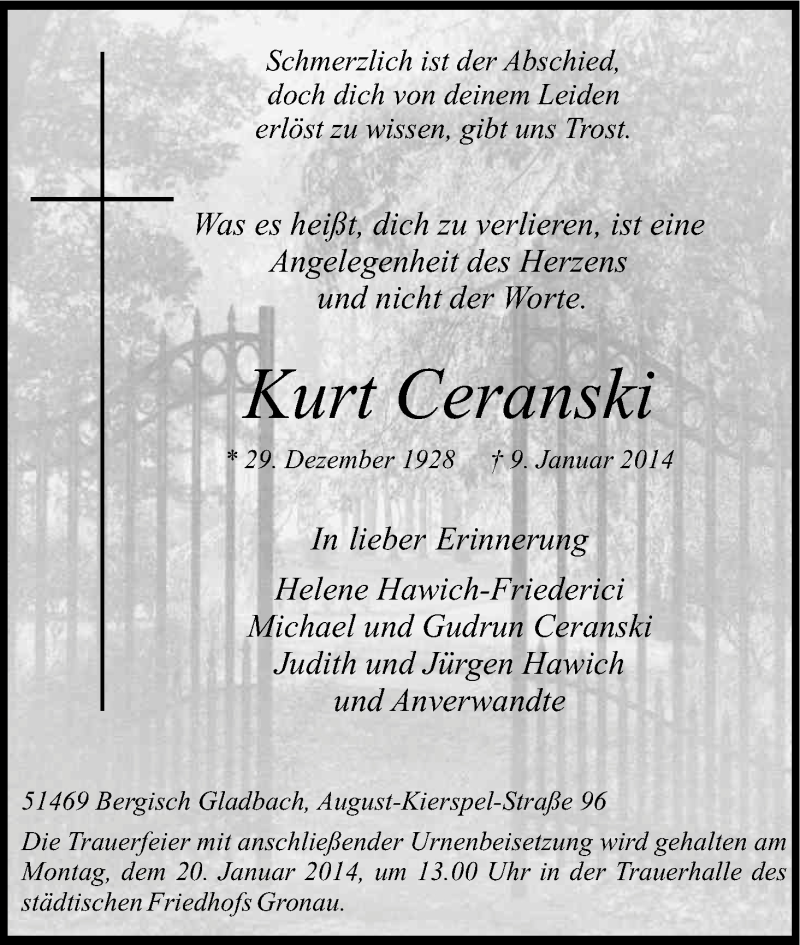  Traueranzeige für Kurt Ceranski vom 15.01.2014 aus Kölner Stadt-Anzeiger / Kölnische Rundschau / Express