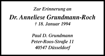 Anzeige von Anneliese Grundmann-Roch von Kölner Stadt-Anzeiger / Kölnische Rundschau / Express