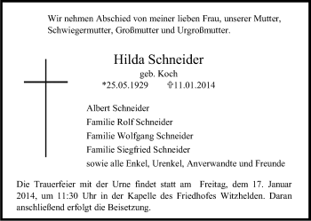 Anzeige von Hilda Schneider von Kölner Stadt-Anzeiger / Kölnische Rundschau / Express