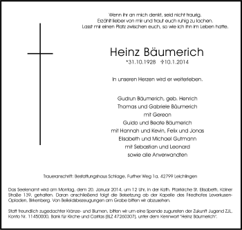 Anzeige von Heinz Bäumerich von Kölner Stadt-Anzeiger / Kölnische Rundschau / Express
