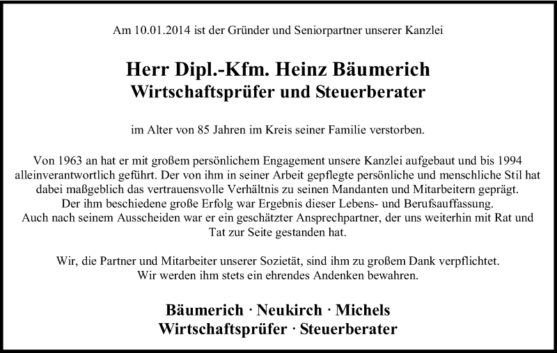  Traueranzeige für Heinz Bäumerich vom 15.01.2014 aus Kölner Stadt-Anzeiger / Kölnische Rundschau / Express