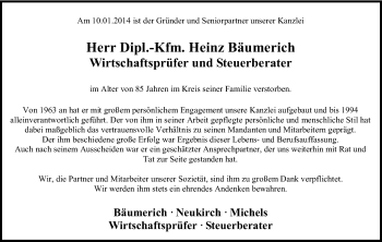 Anzeige von Heinz Bäumerich von Kölner Stadt-Anzeiger / Kölnische Rundschau / Express