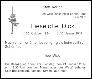 Anzeige von Liselotte Dick von Kölner Stadt-Anzeiger / Kölnische Rundschau / Express